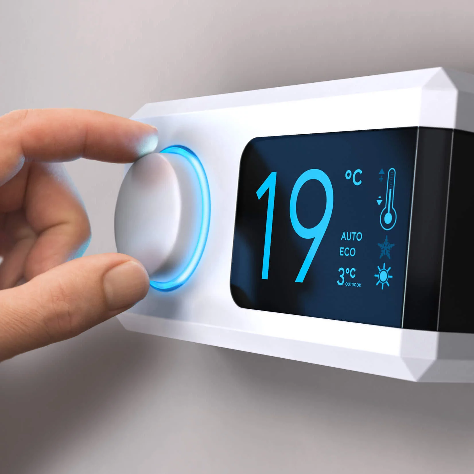 Main ajustant un thermostat numérique moderne réglé à 19°C, avec modes éco et auto affichés.