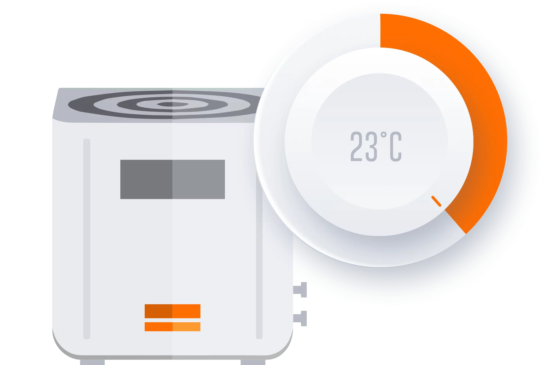 Air climatisé à côté d’un thermostat affichant une température réglée à 23°C avec un indicateur de réglage orange.