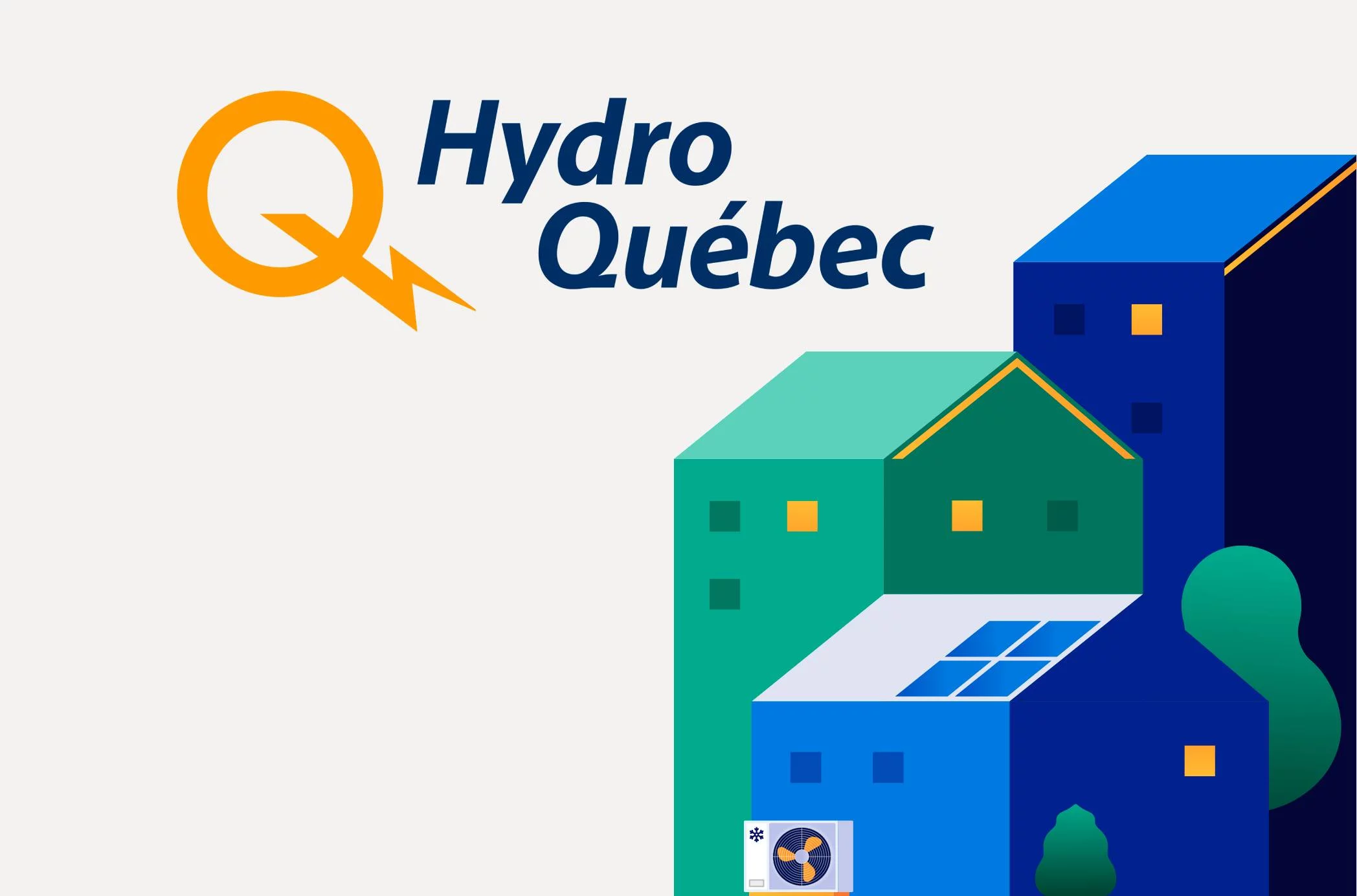 Logo d’Hydro Québec à côté de maisons illustrées avec des panneaux solaires et une pompe à chaleur, représentant des solutions énergétiques.