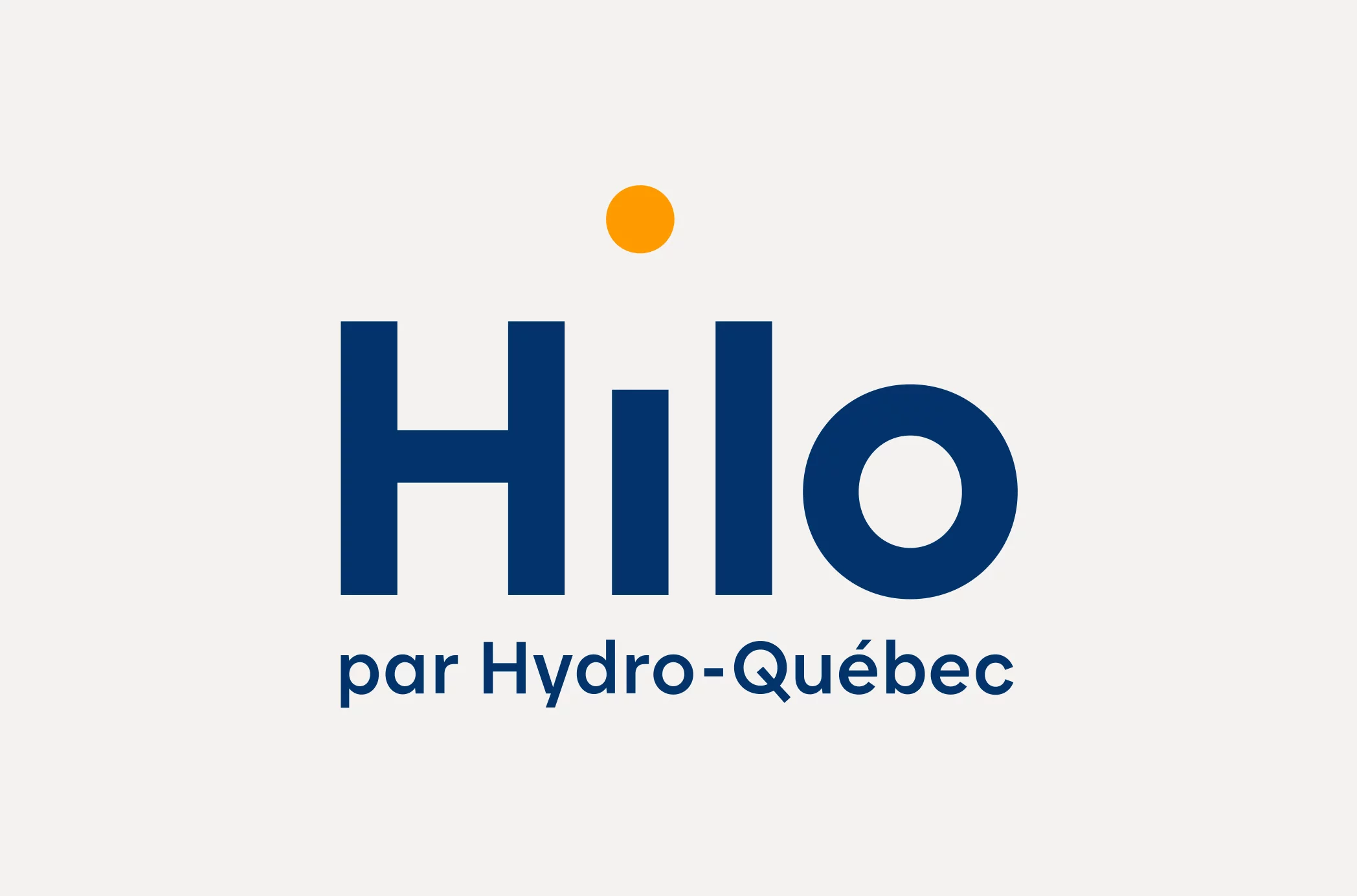 Logo de Hilo par Hydro-Québec, avec du texte bleu et un point orange au-dessus de la lettre ’i’.