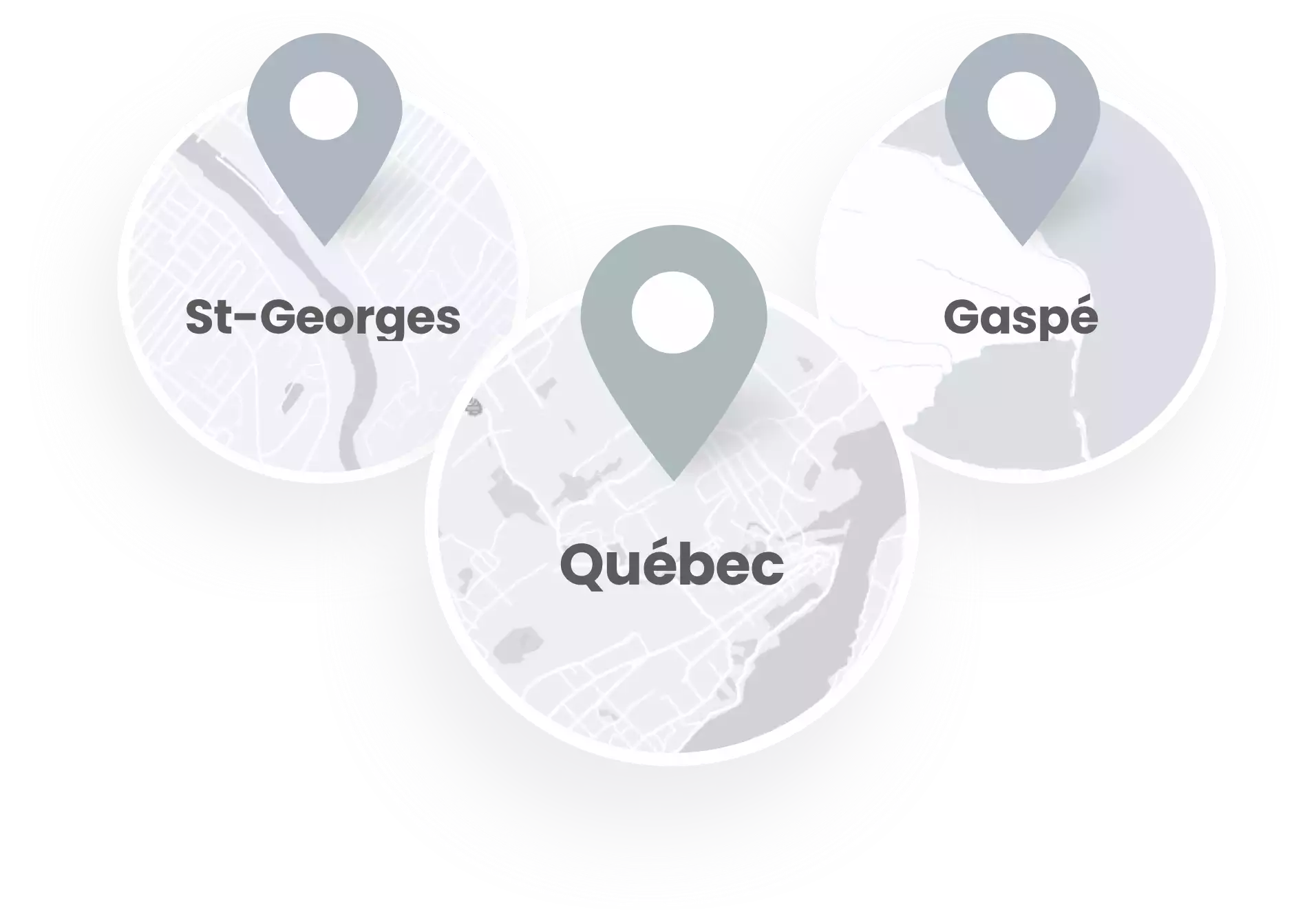 Carte stylisée du Québec avec des repères indiquant les villes de St-Georges, Québec et Gaspé
