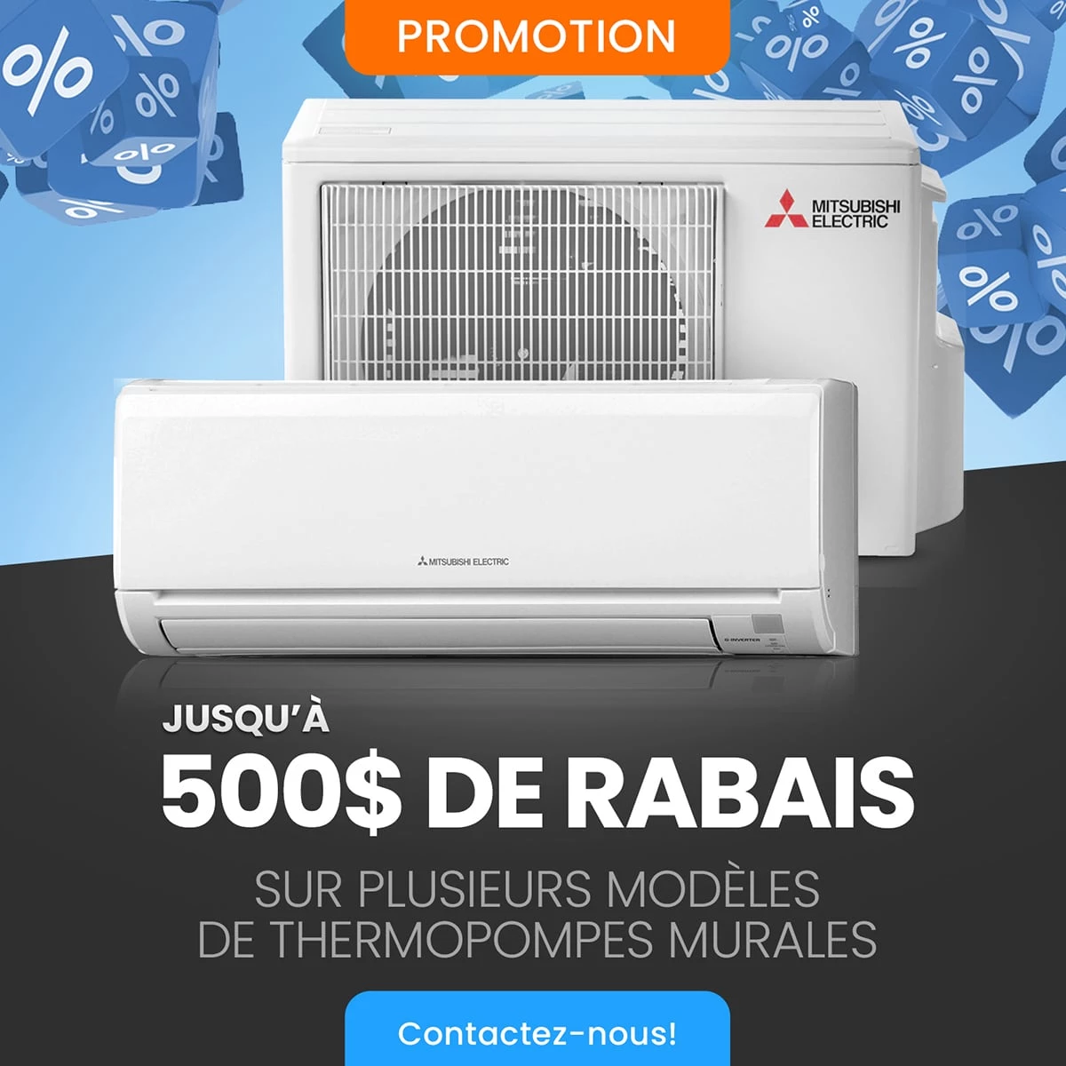 Promotion climatisation thermopompe murale avec fond bleu et des icones de %