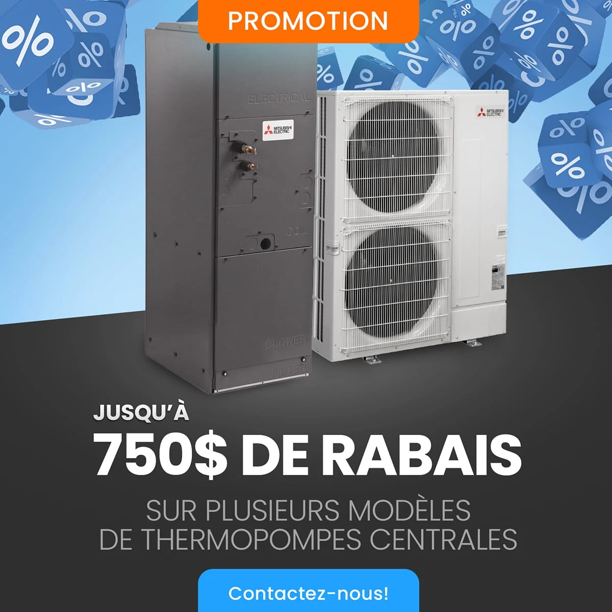 Promotion climatisation thermopompe cnetrale avec fond bleu et des icones de %