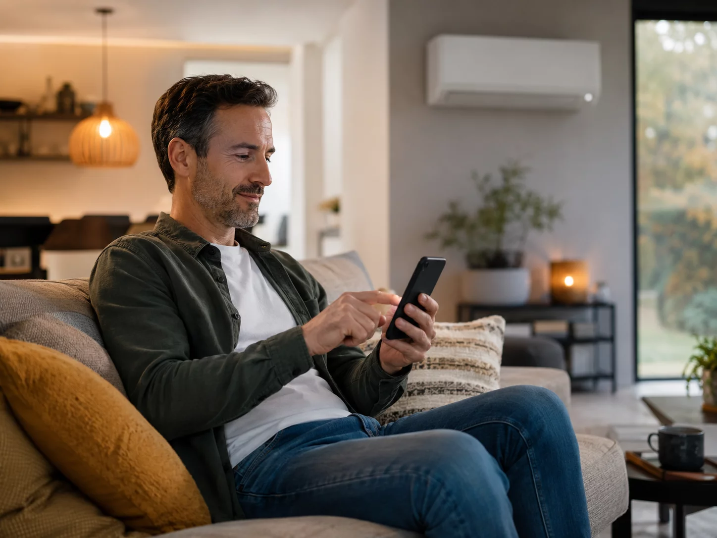 Thermopompe connect&eacute;e silencieuse contr&ocirc;l&eacute;e par une maison intelligente.