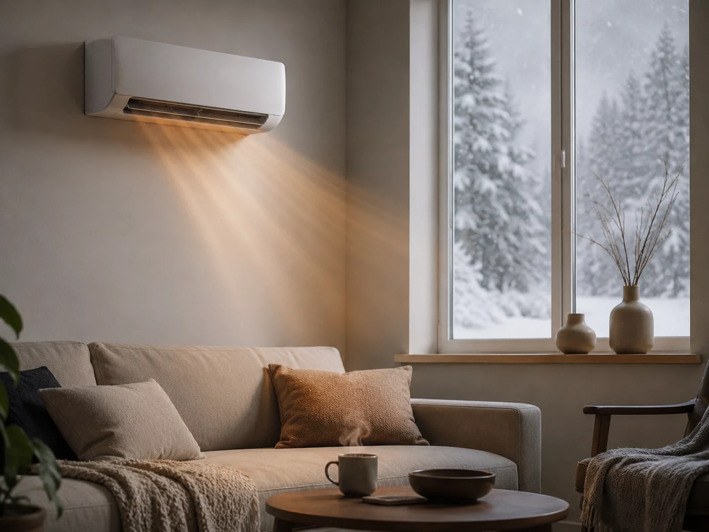 Thermopompe murale install&eacute;e dans un condo ou une petite maison qu&eacute;b&eacute;coise.