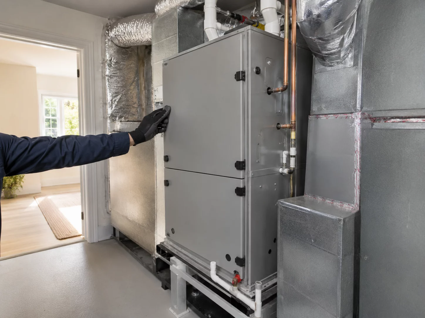 Thermopompe centrale dans une maison unifamiliale avec conduits d&rsquo;air.