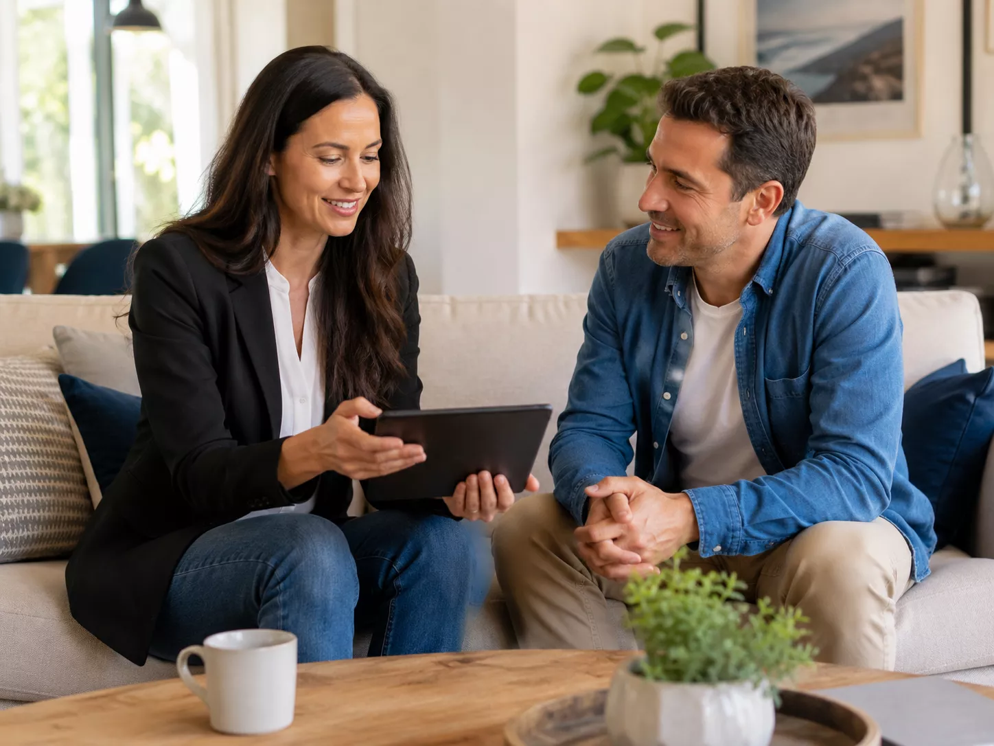 Conseiller aidant un client &agrave; choisir la thermopompe id&eacute;ale pour sa maison.