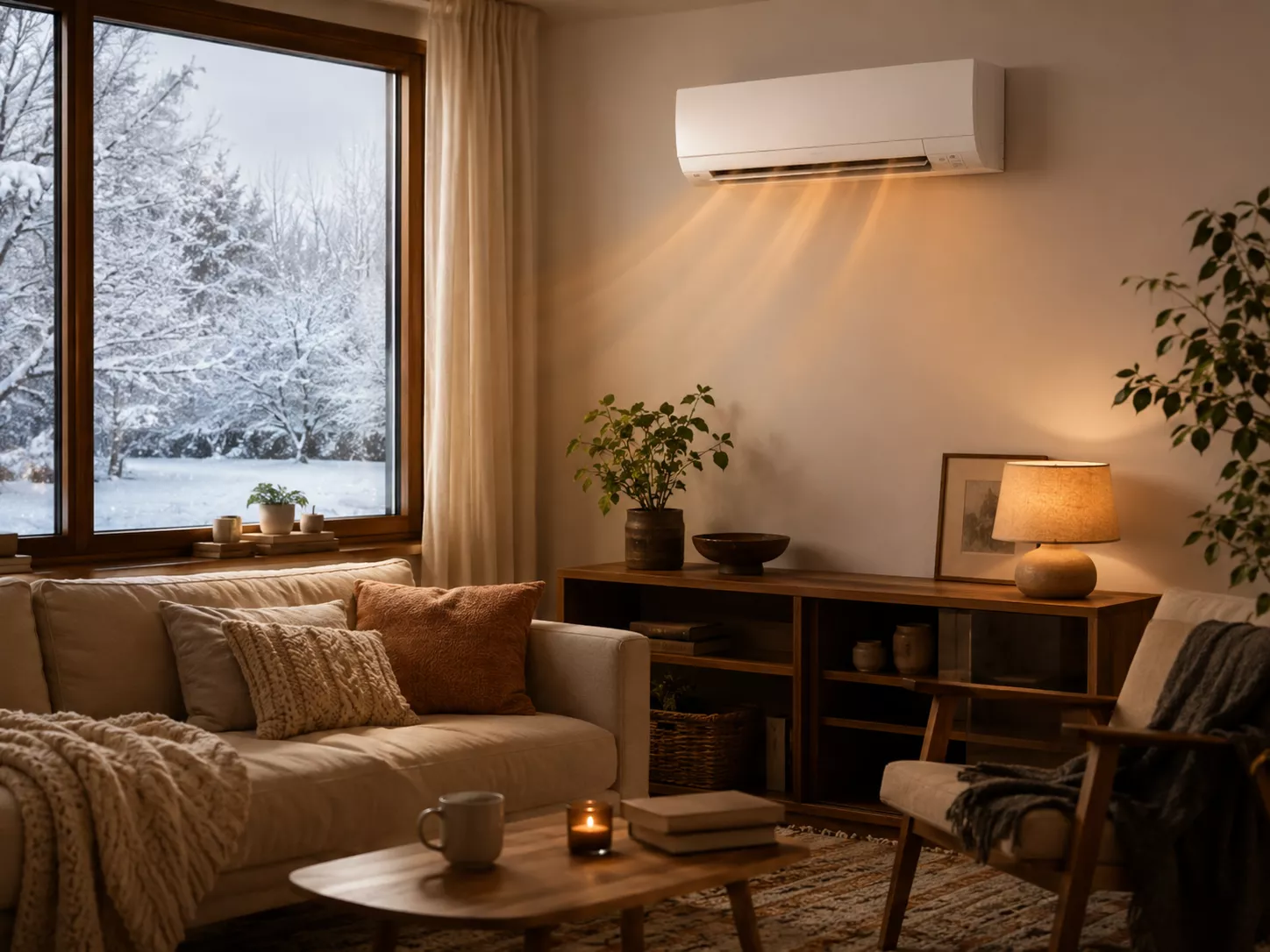 Thermopompe transf&eacute;rant la chaleur de l&rsquo;air ext&eacute;rieur pour chauffer une maison en hiver.