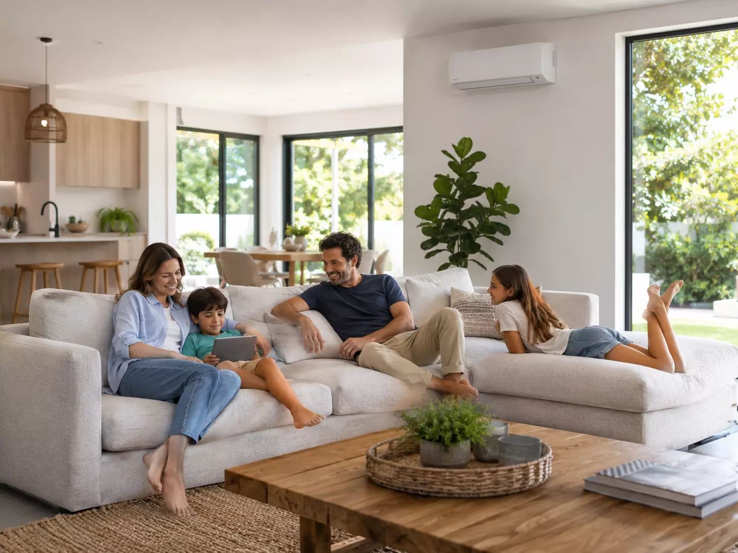 Int&eacute;rieur de maison confortable &agrave; temp&eacute;rature stable gr&acirc;ce &agrave; une thermopompe moderne et silencieuse.