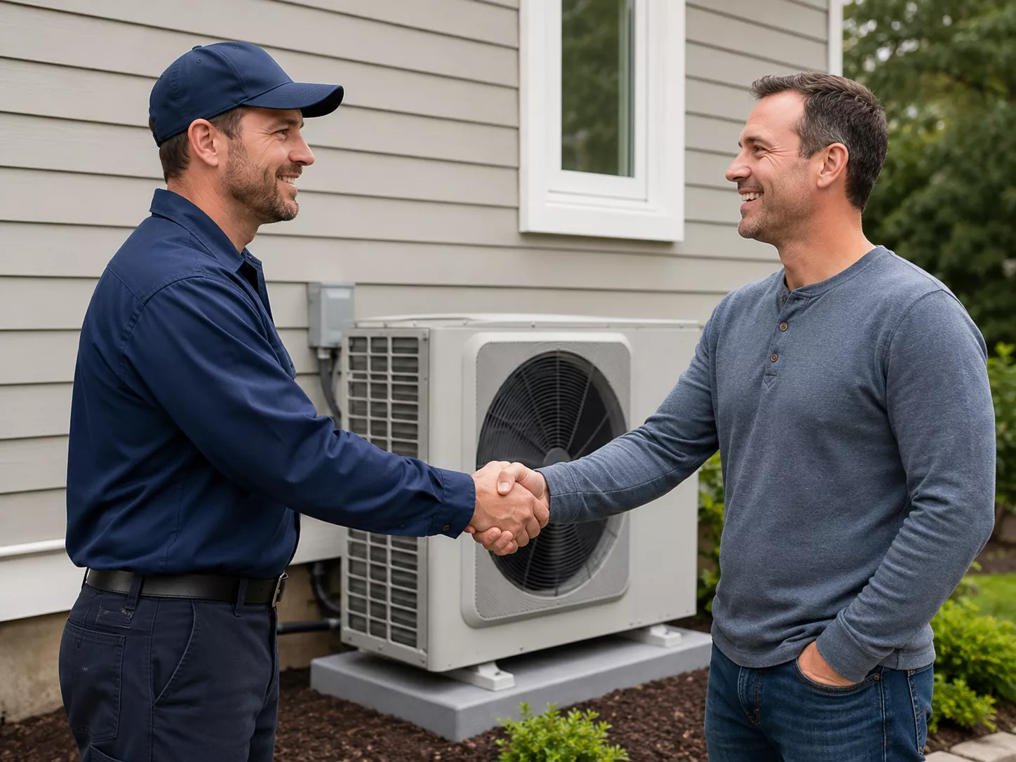Technicien sp&eacute;cialis&eacute; installant une thermopompe haute efficacit&eacute; sur une maison construite entre 1990 et 2015.