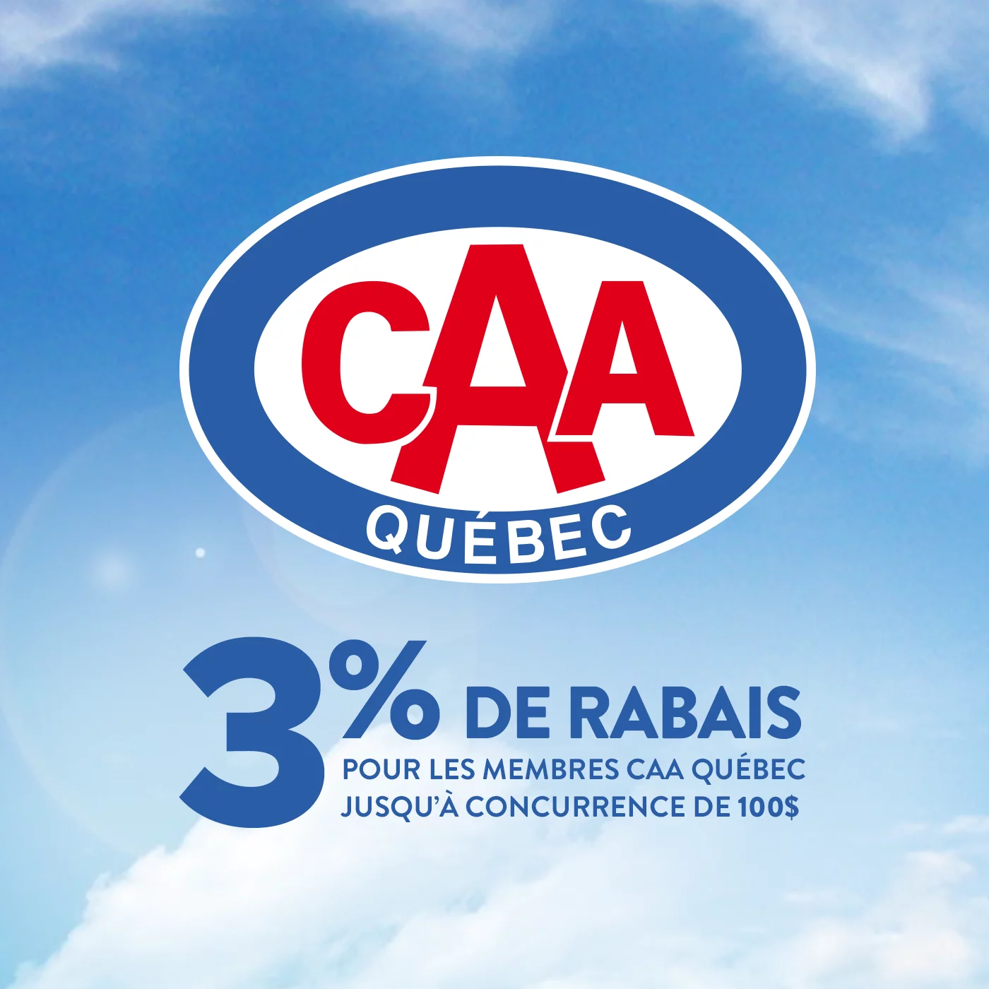 Logo de CAA Québec avec un texte de promotion de rabais de 3 % : "3 % de rabais pour les membres CAA Québec jusqu'à concurrence de 100 $."