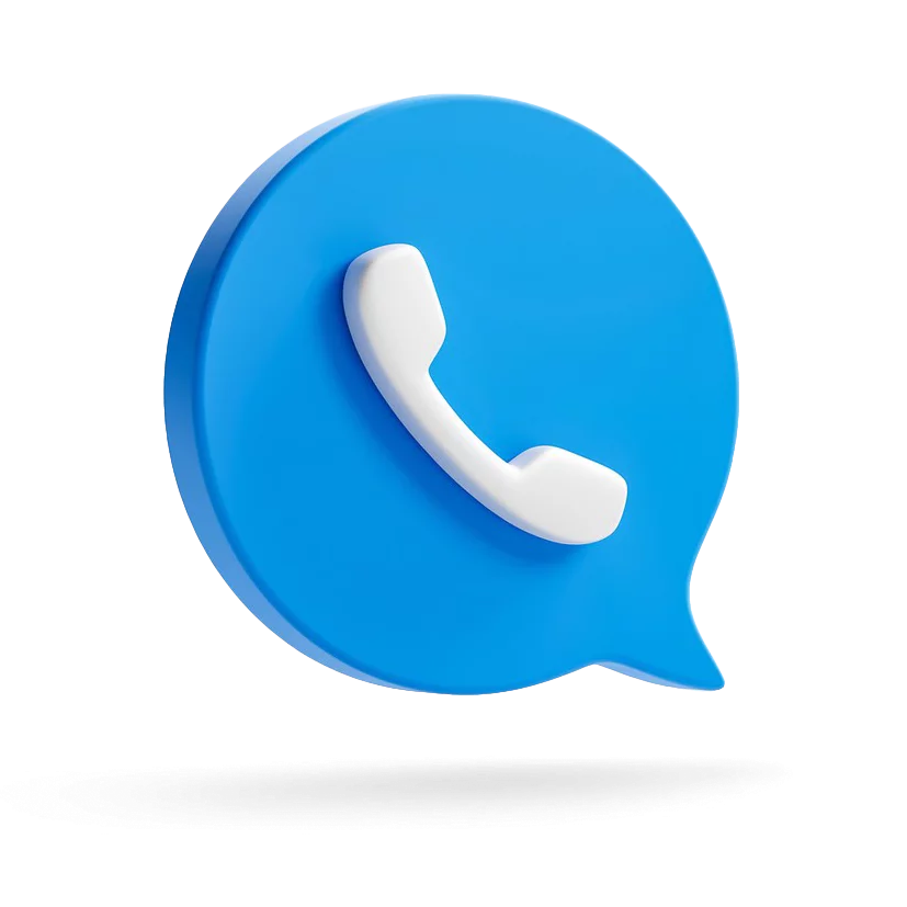 Bulle de dialogue bleue avec une icône de téléphone blanche, représentant un symbole d’appel ou de contact.